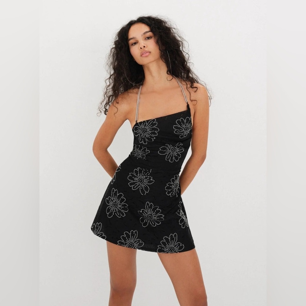 FOR LOVE & LEMONS black floral crystal embellished PAMELA mini dress